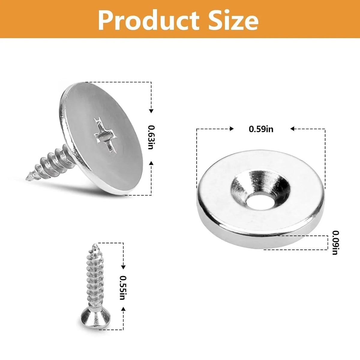 A silver magnetic door catch with a threaded pin and a circular plate, shown with dimensions.