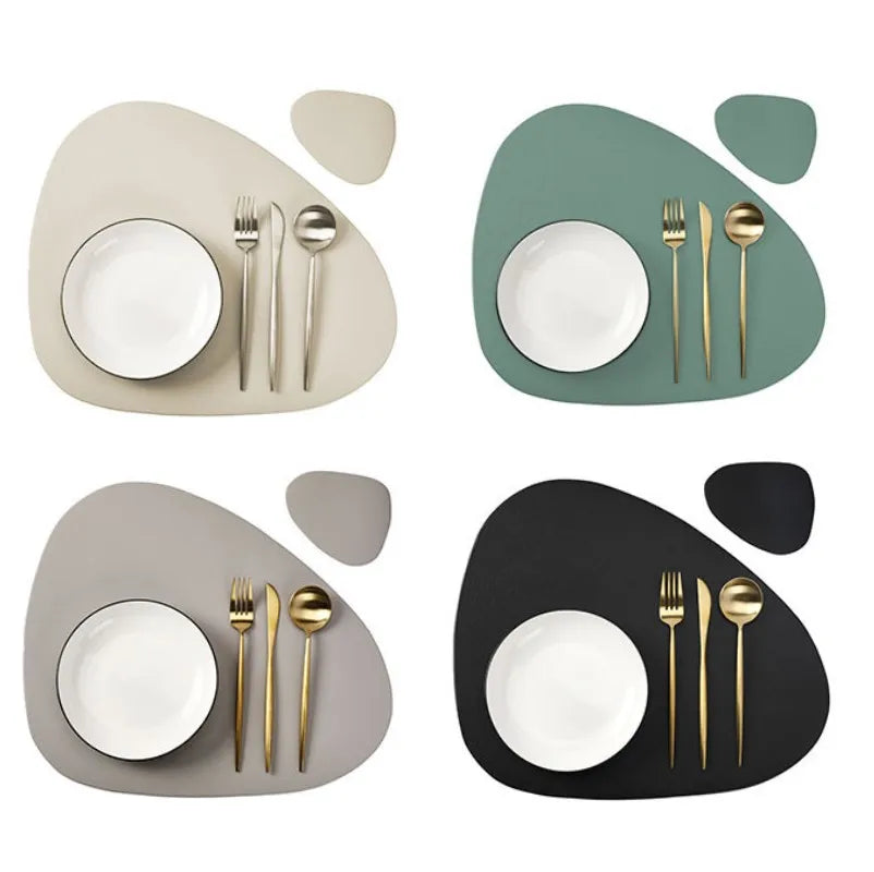 Set of reversible non-slip placemats with cutlery and plates in matte green and matte gray tones
