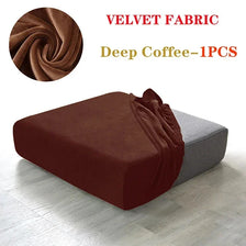 A deep coffee colored velvet fabric sofa cover displayed on a modern gray sofa.