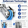 Close-up of a Rollercam Technology tensioner device showing its smooth roller mechanism and connection to synthetic lines.