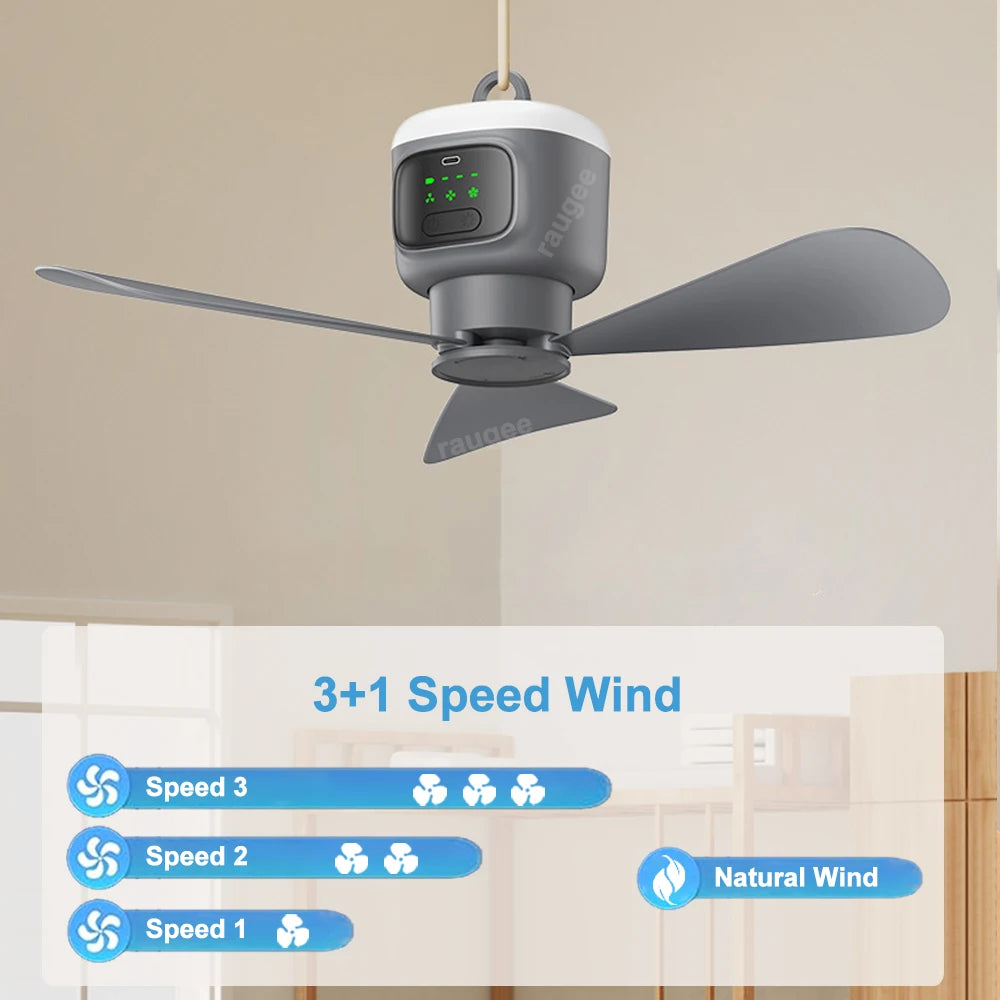 A gray portable ceiling fan with a remote control and LED light, showing speed settings from 1 to 3 plus natural wind.