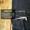 A close-up of a black tool belt showing a minimalist hammer loop attachment for keeping tools close at hand.