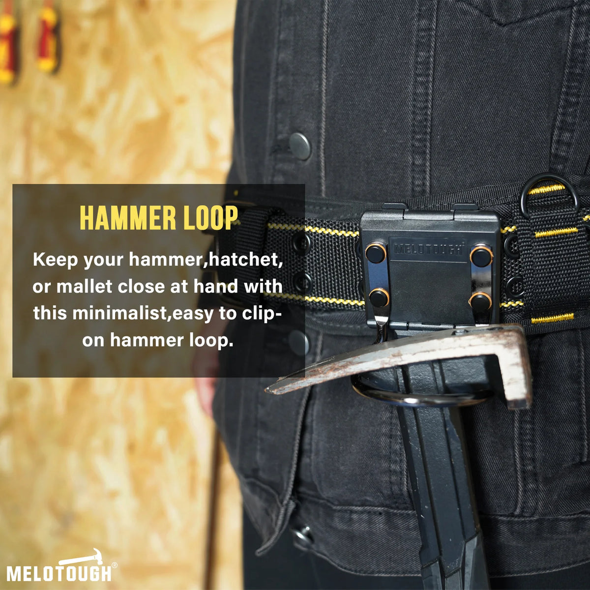 A close-up of a black tool belt showing a minimalist hammer loop attachment for keeping tools close at hand.