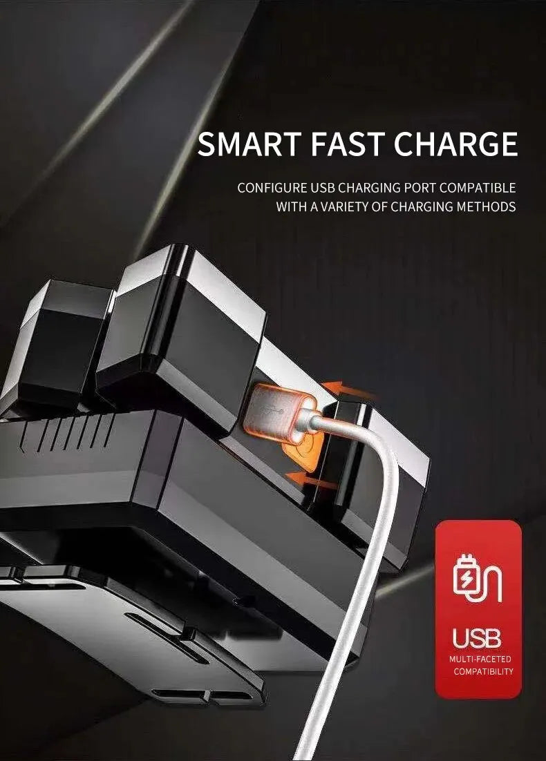 A black rechargeable LED headlamp is shown with a USB charging port, highlighting smart fast charge compatibility.