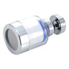 A chrome faucet water purifier with a rotating head and a mesh filter visible from the side.