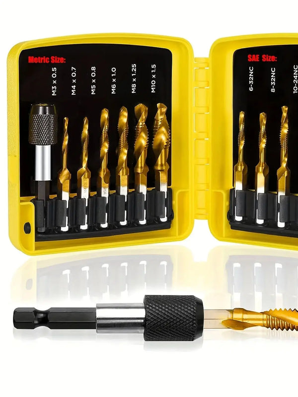 Yellow storage case holding a set of metric and SAE titanium-coated drill, tap, and ream bits.