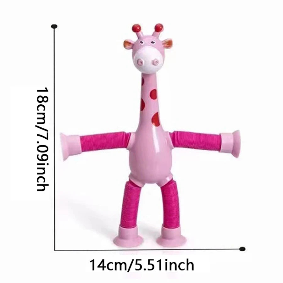 A pink giraffe pop tube toy with long legs and a head, shown against a white background.