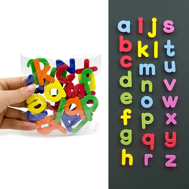 A hand holds a clear plastic bag filled with colorful magnetic alphabet letters for learning.