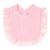 A pink soft cotton baby bib in a bandana style with ruffled edges.