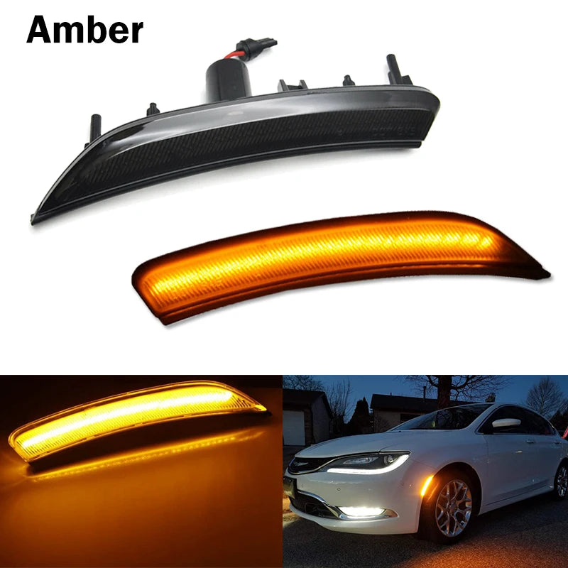 A close-up view of smoked LED side marker lights for a Chrysler 200, showing the light's design and illumination.