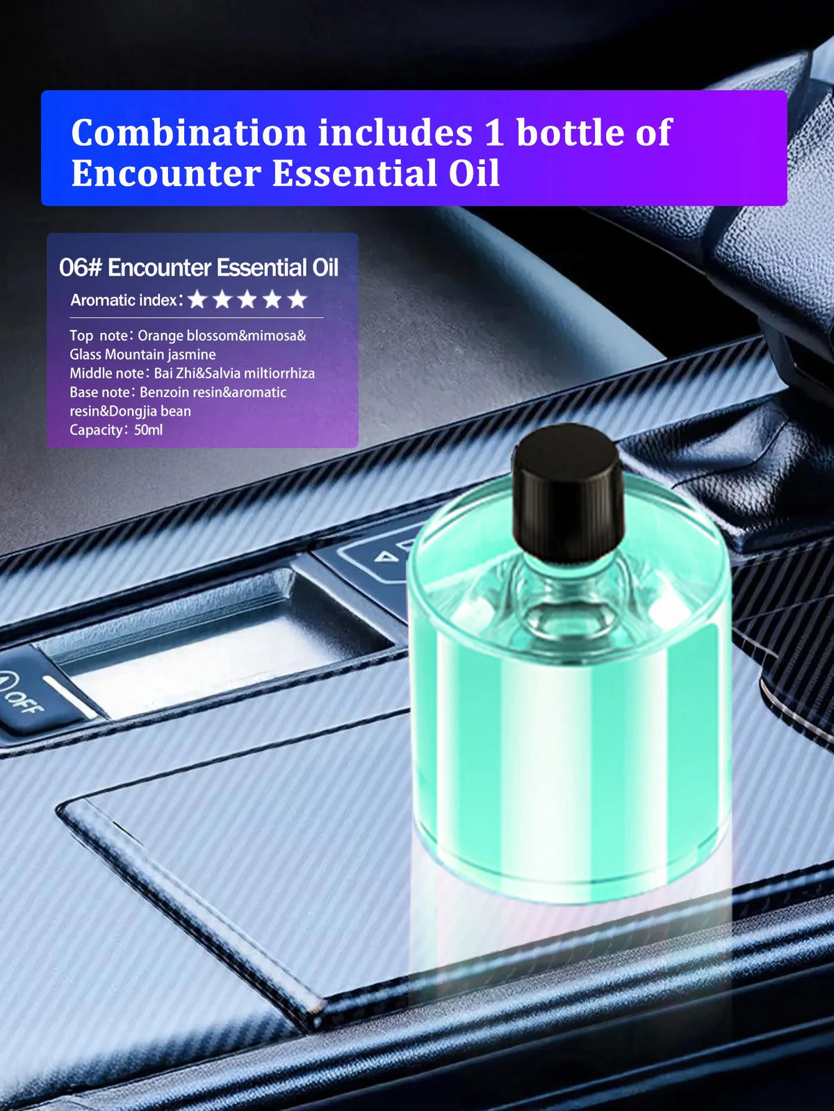 Bouteille d'huile essentielle Encounter sur diffuseur de voiture USB portable avec éclairage LED.