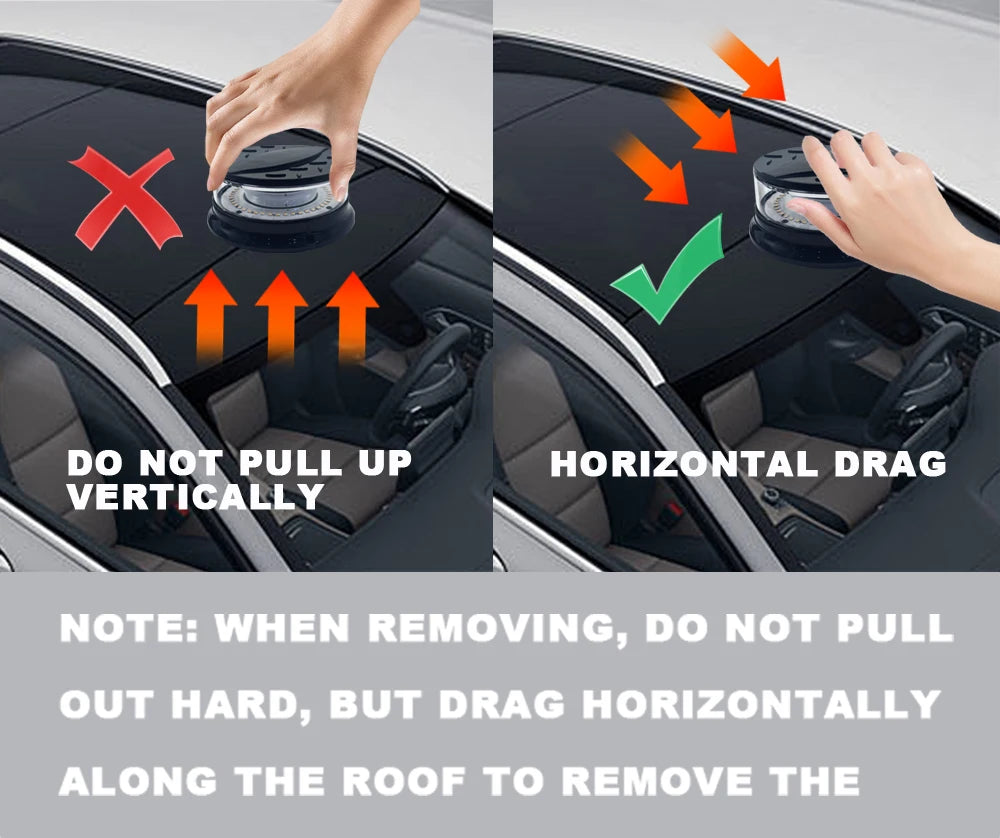 Instructions show how to safely remove a magnetic mount LED emergency strobe light from a vehicle.