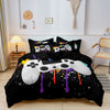 Black duvet cover featuring a vibrant gamer theme print with controller and keyboard graphics