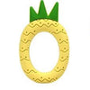 A yellow fruit-shaped silicone baby rattle teether with a green leafy top.