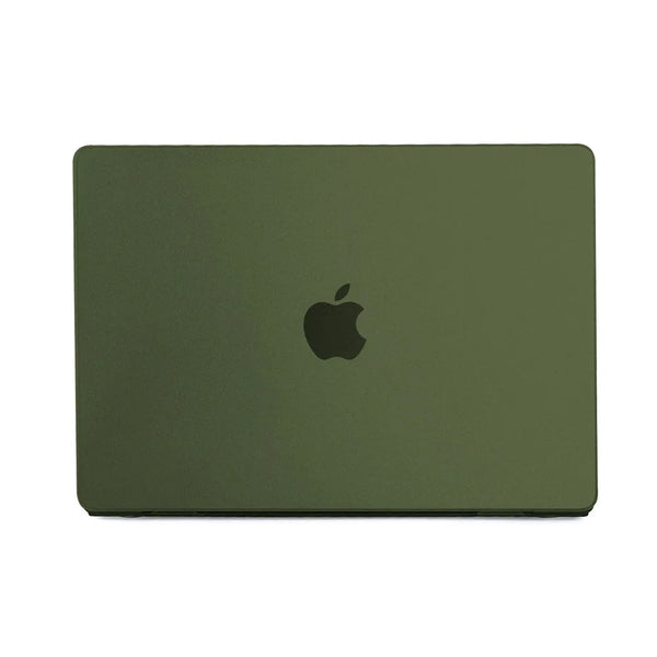 A dark olive green slim hard shell laptop case for a MacBook Air or Pro.