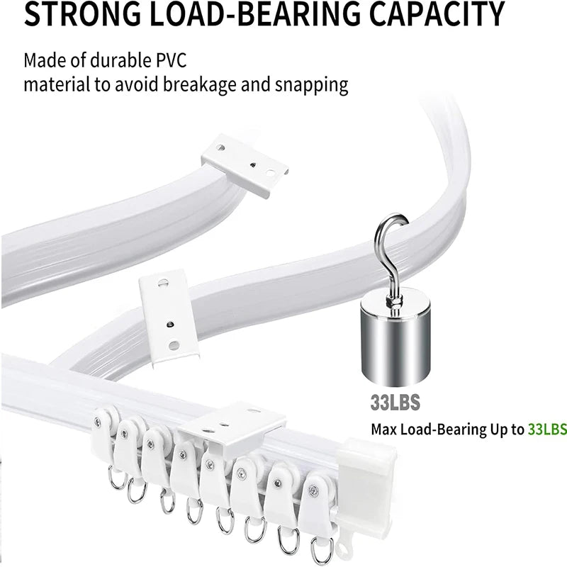 White PVC ceiling track kit with hooks and a metal hook, designed for strong load-bearing capacity.