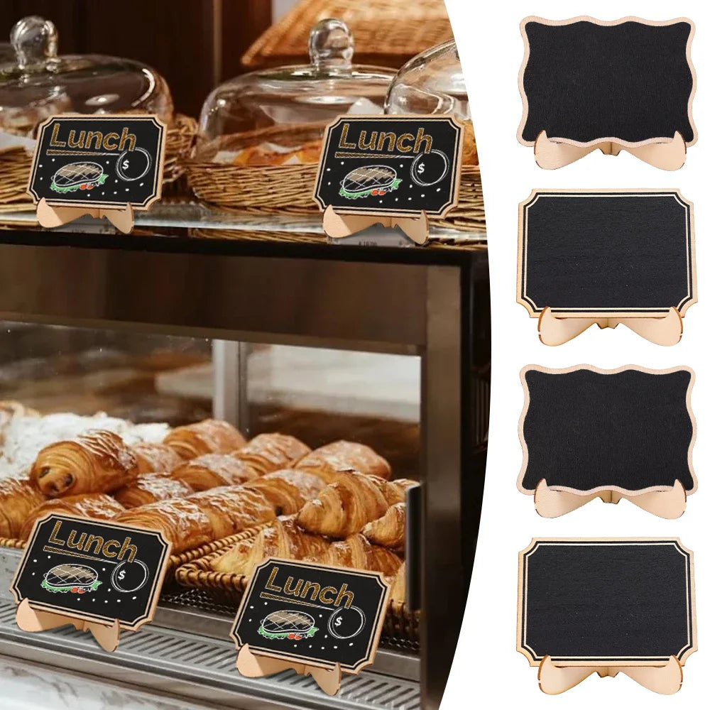 A set of mini wooden chalkboard signs featuring a sandwich design used for labeling food items.