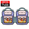 Two purple cartoon backpack goodie bags filled with colorful candies and treats for parties