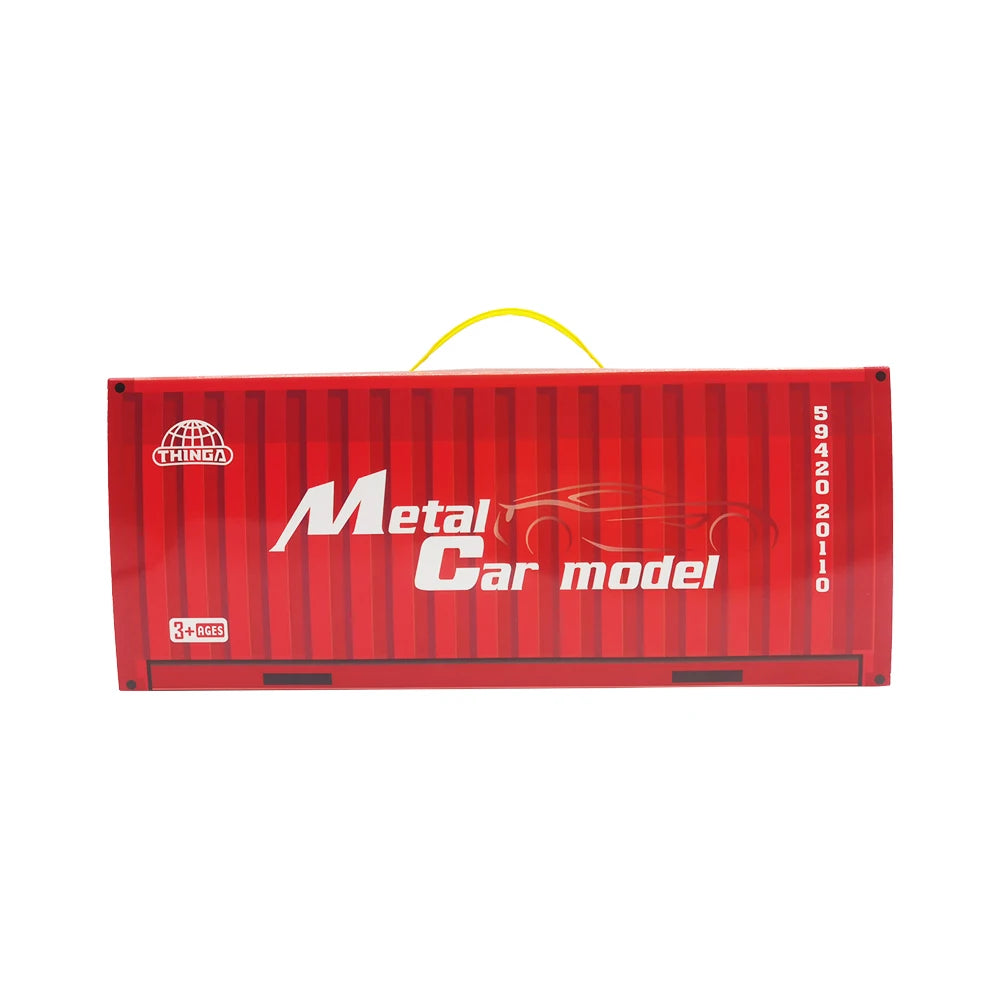 Red storage box for a metal car model toy set with a yellow handle