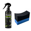 A black bottle of QIFENGHE Tire Shine Spray with a black pump dispenser and a black foam applicator.