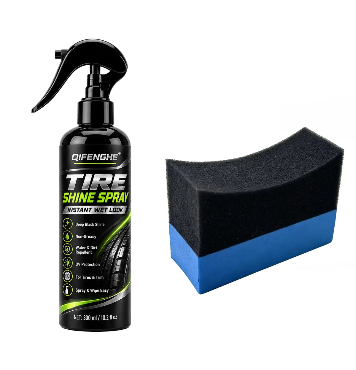 A black bottle of QIFENGHE Tire Shine Spray with a black pump dispenser and a black foam applicator.