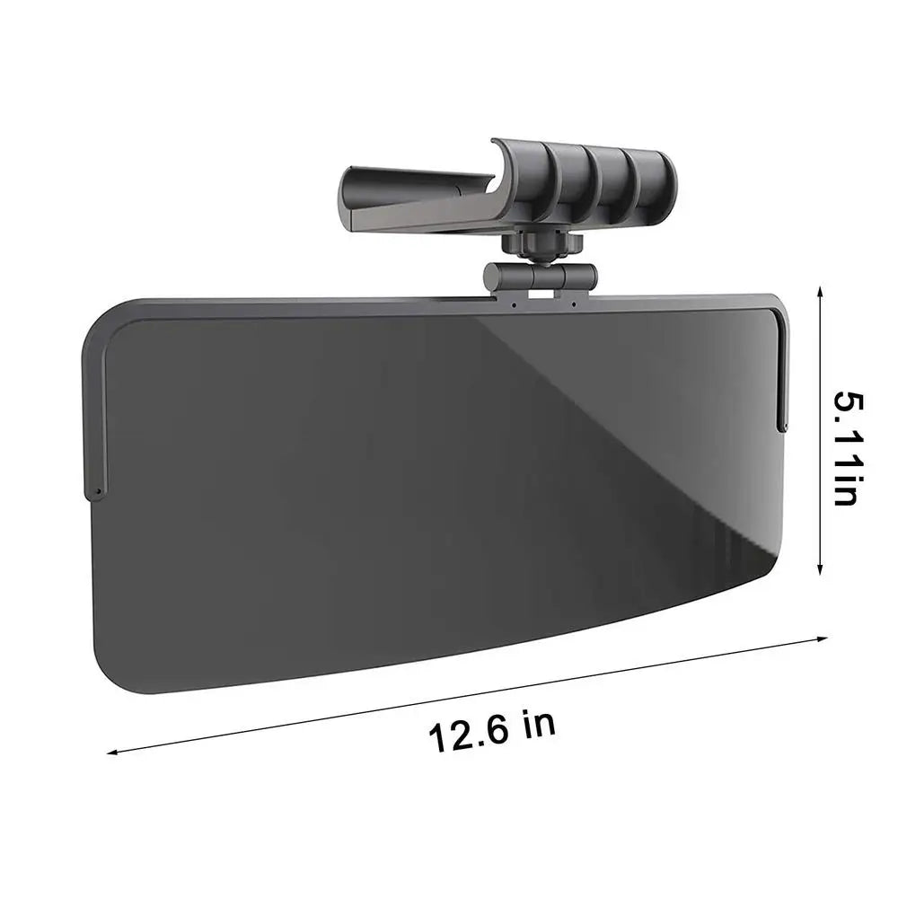 A black adjustable anti-glare car sun visor extender with a mounting bracket and a rectangular panel.