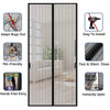 A pair of black magnetic screen door curtains with a fine mesh pattern, shown alongside features like bug protection and easy