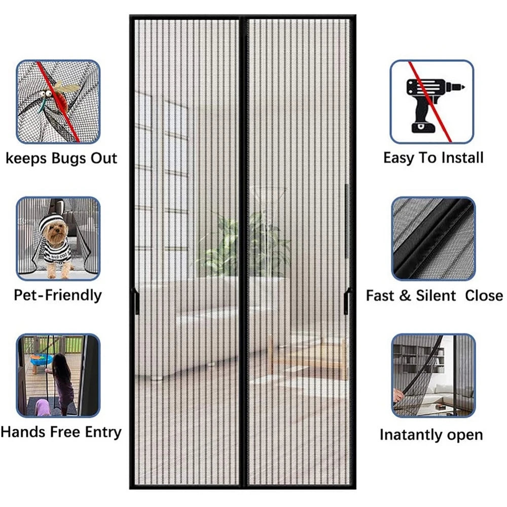 A pair of black magnetic screen door curtains with a fine mesh pattern, shown alongside features like bug protection and easy