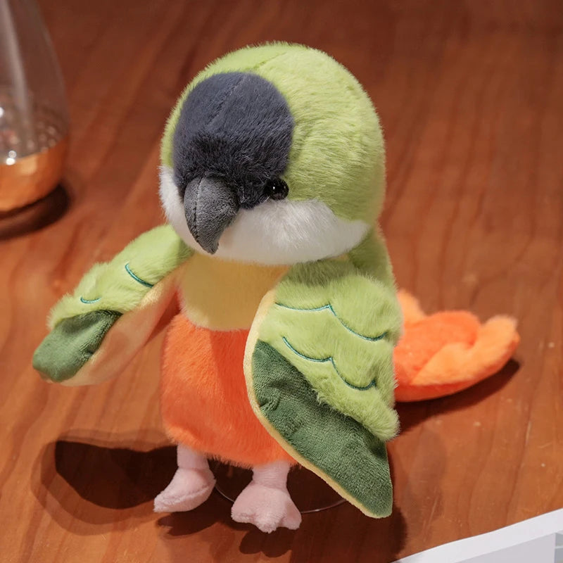 Adorable plush parrot hand puppet toy with green and gray feathers and an orange body.