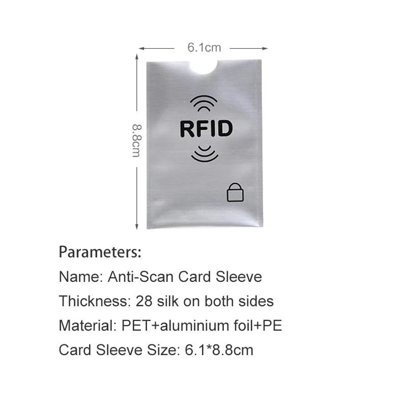 A silver RFID blocking card sleeve with dimensions 6.1cm by 8.8cm.