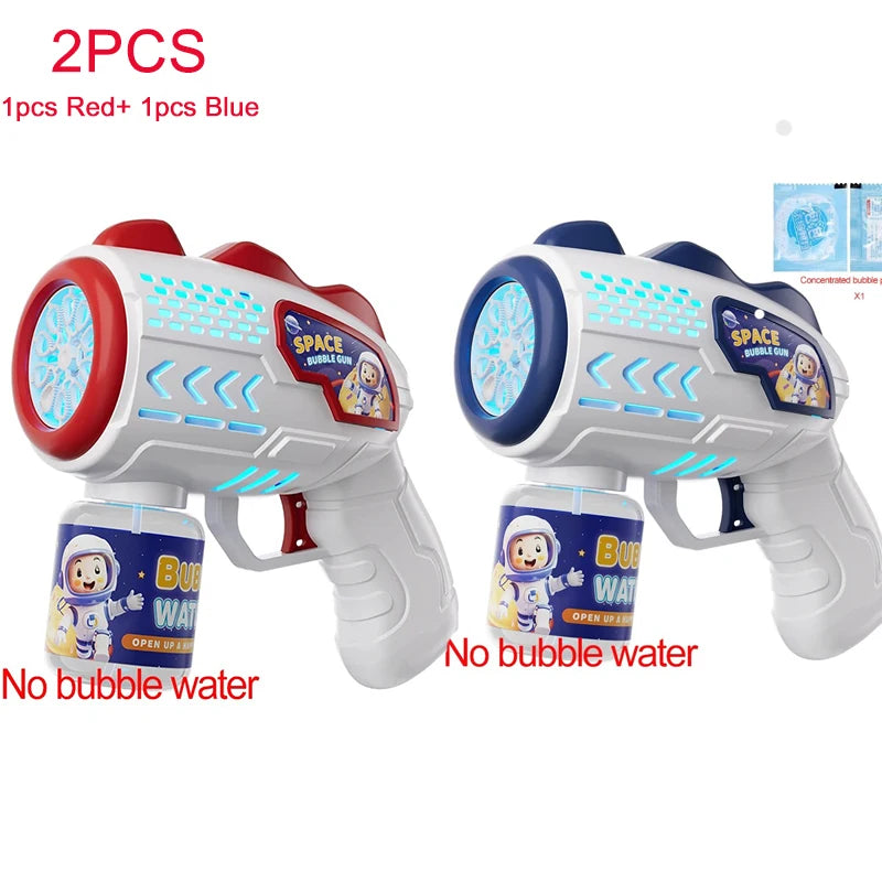 Two astronaut bubble blaster toys, one red and one blue, are shown against a white background.