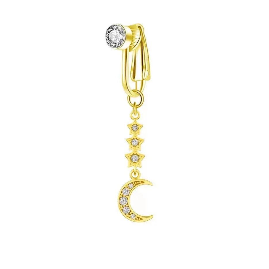 Anillo de ombligo tipo clip de mariposa dorada con gema de circonita rosa.