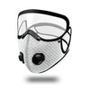 A clear reusable cycling face mask with a black frame and mesh filter.