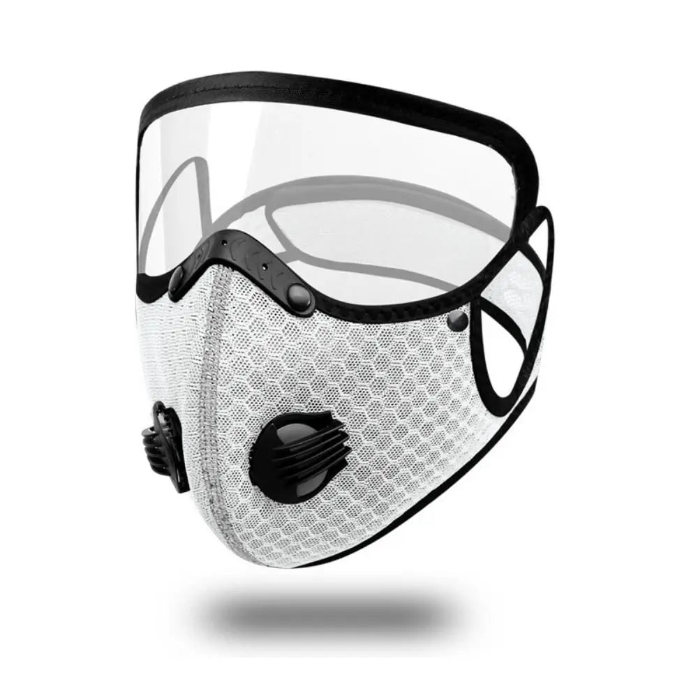 A clear reusable cycling face mask with a black frame and mesh filter.