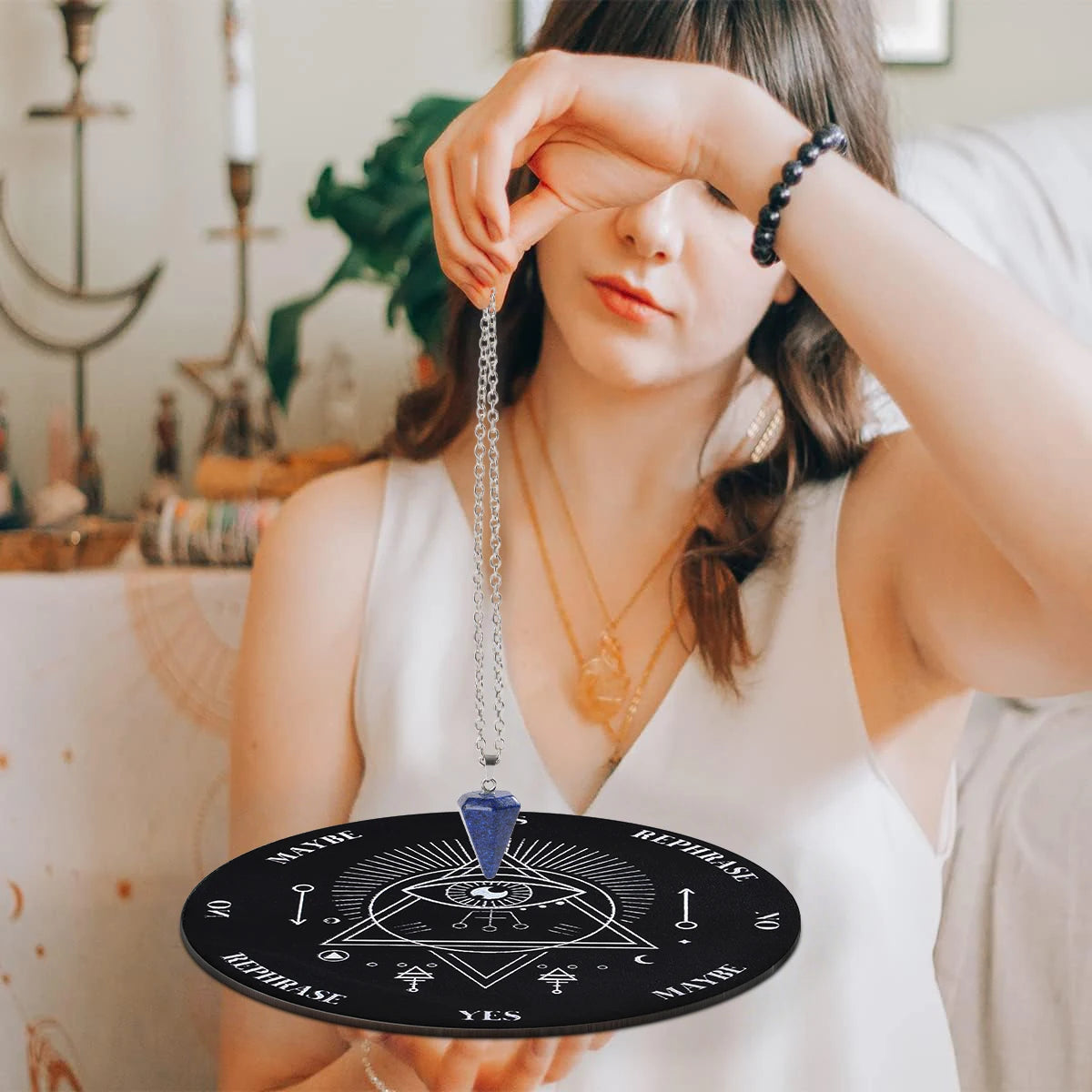 Wooden Divination Pendulum Board with Crystal Necklace