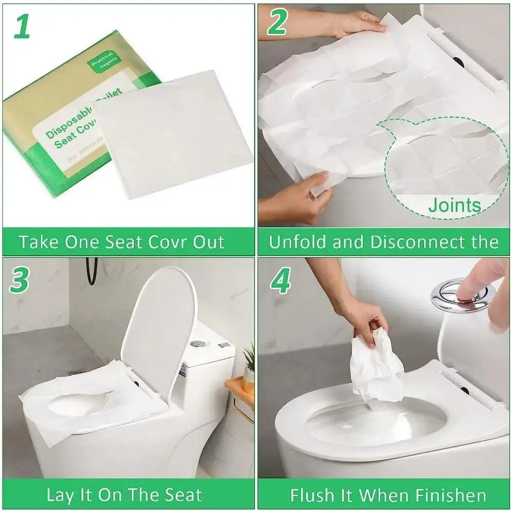 Instructions for removing and using a disposable seat cover on a toilet.