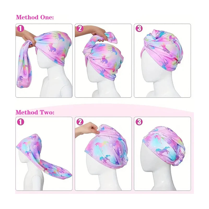 Three methods demonstrate how to wrap a pink and purple microfiber hair drying towel for kids.