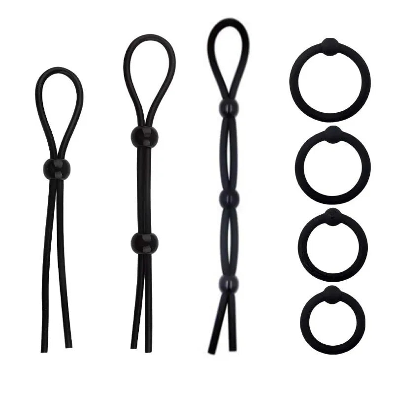 A set of black silicone cock rings for endurance and firmer erections.