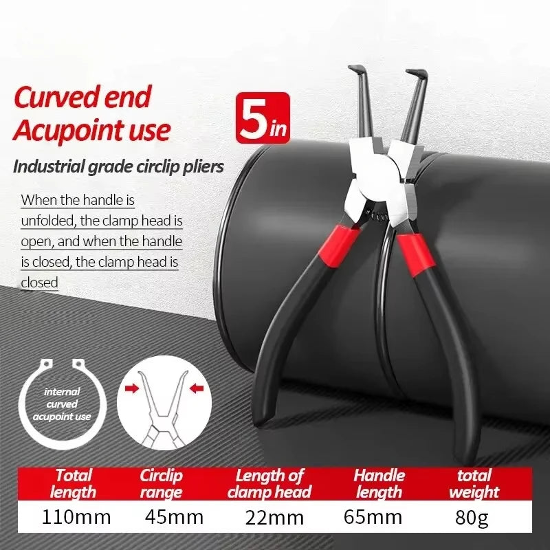 A pair of black circlip pliers showing the handle, clamp head, and dimensions for industrial grade use.