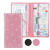 A pink glitter car document organizer featuring slots for registration and insurance cards.