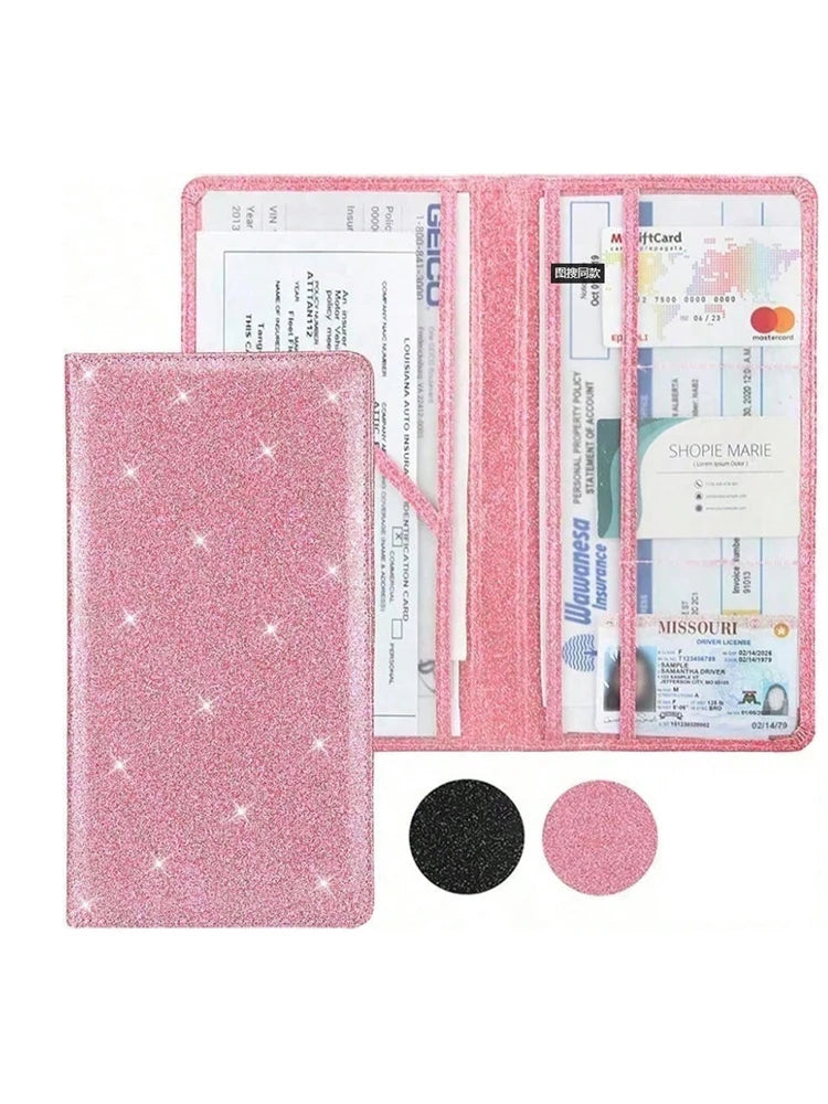 A pink glitter car document organizer featuring slots for registration and insurance cards.