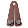 A brown leather car seat headrest hook with dual hooks for bags and phones.