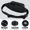 Black water-resistant nylon fanny pack shown with details of the zipper, fixing buckle, and breathable mesh pad