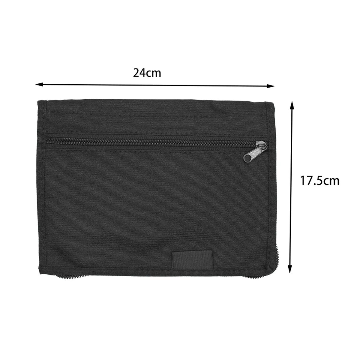 Organisateur de boîte à gants noir avec six poches, monté à plat et avec ses dimensions.