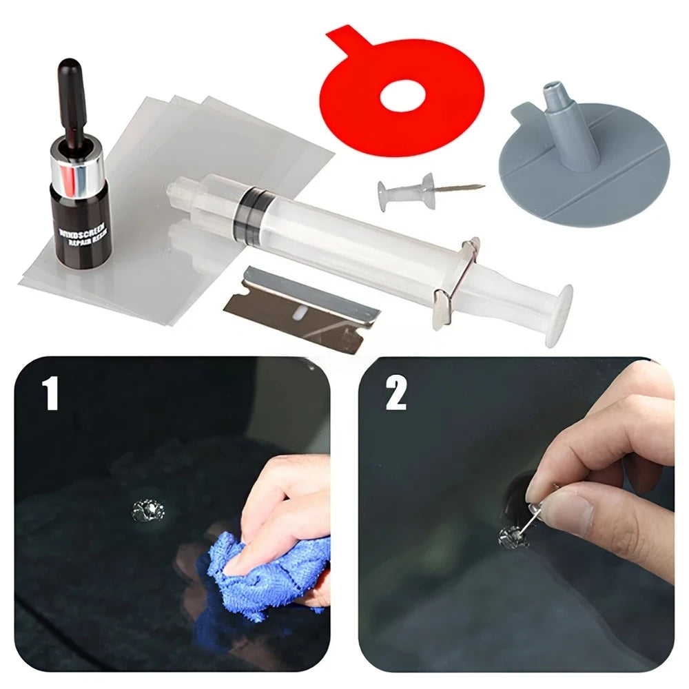 A set of windshield repair tools including a resin, a tool, and a cleaning pad for repairing cracks and scratches.