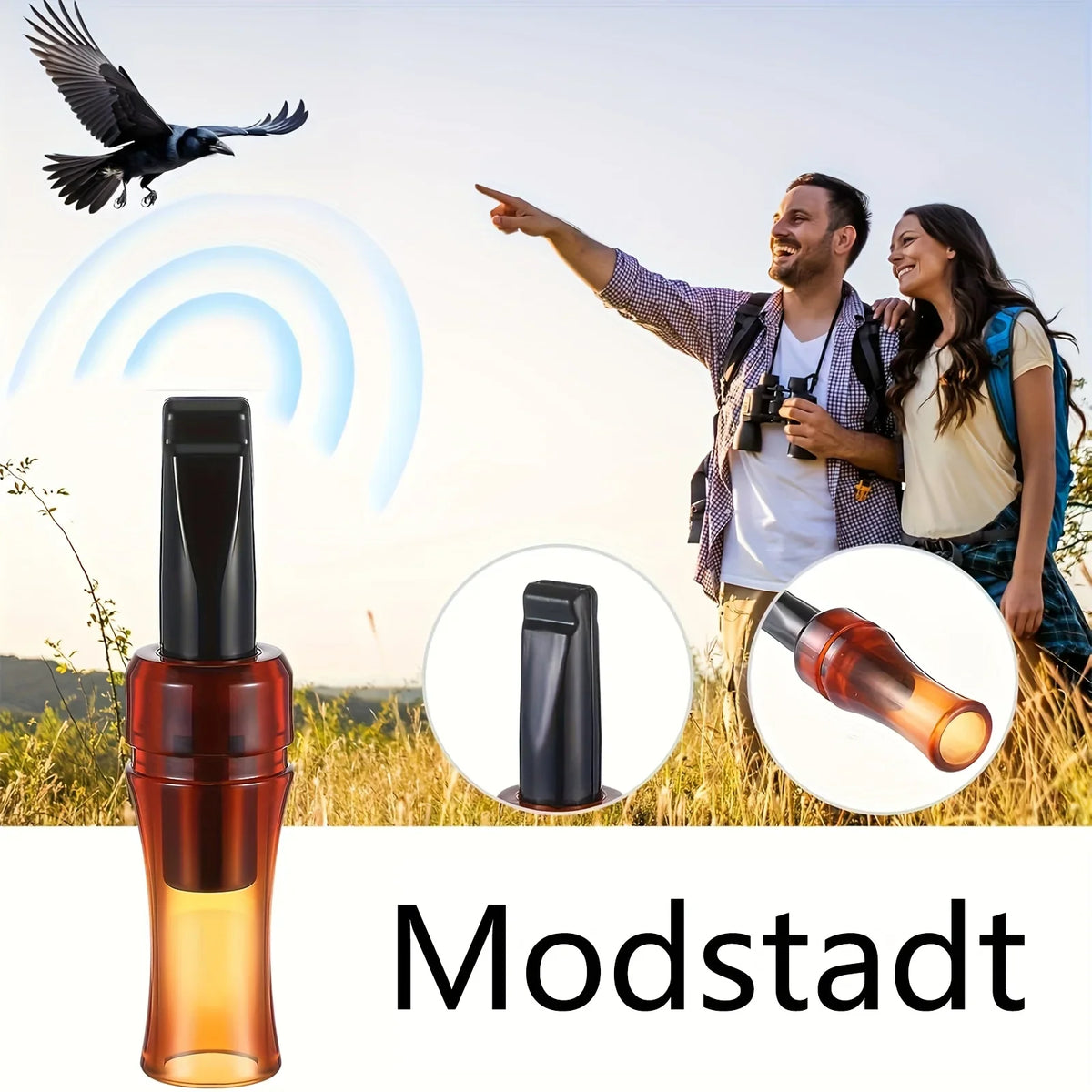 A glass bottle of Modstadt portable crow call whistle with a black cap, shown next to a couple outdoors.