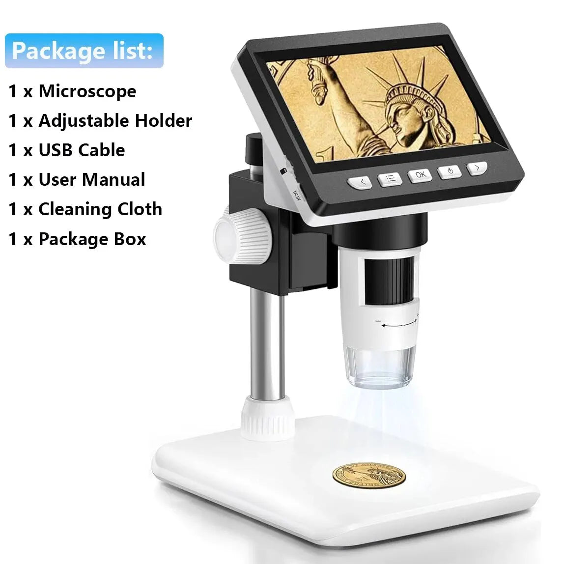 A digital microscope with an adjustable holder, USB cable, user manual, cleaning cloth, and storage box displayed on a white 