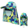 A bright blue and yellow camouflage sun hat with a wide brim and mesh face protection.