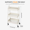 A white 3-tier metal utility rolling cart with wire mesh baskets and lockable wheels.