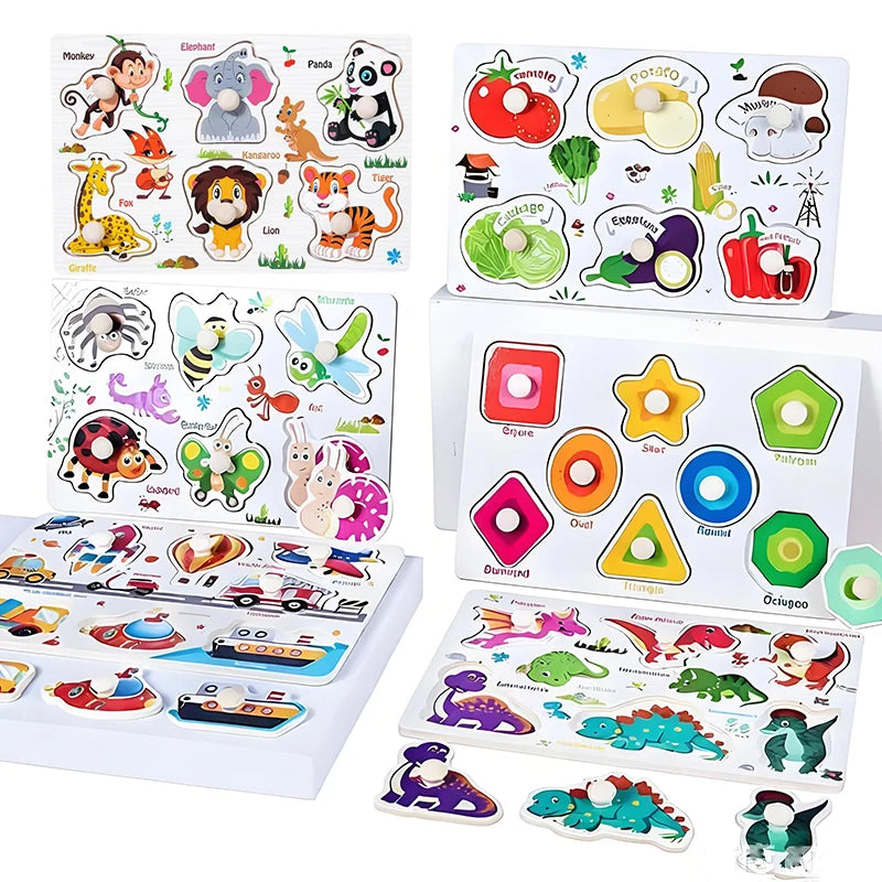 A set of wooden alphabet and number peg puzzles featuring various animals and shapes for toddlers.